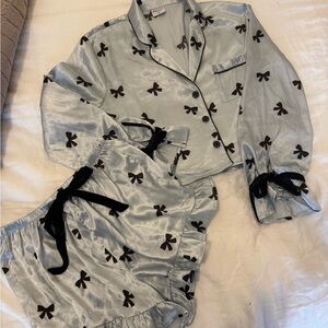 NWOT Bella Pale Blue Satin Pajama Set with Black Bow Details